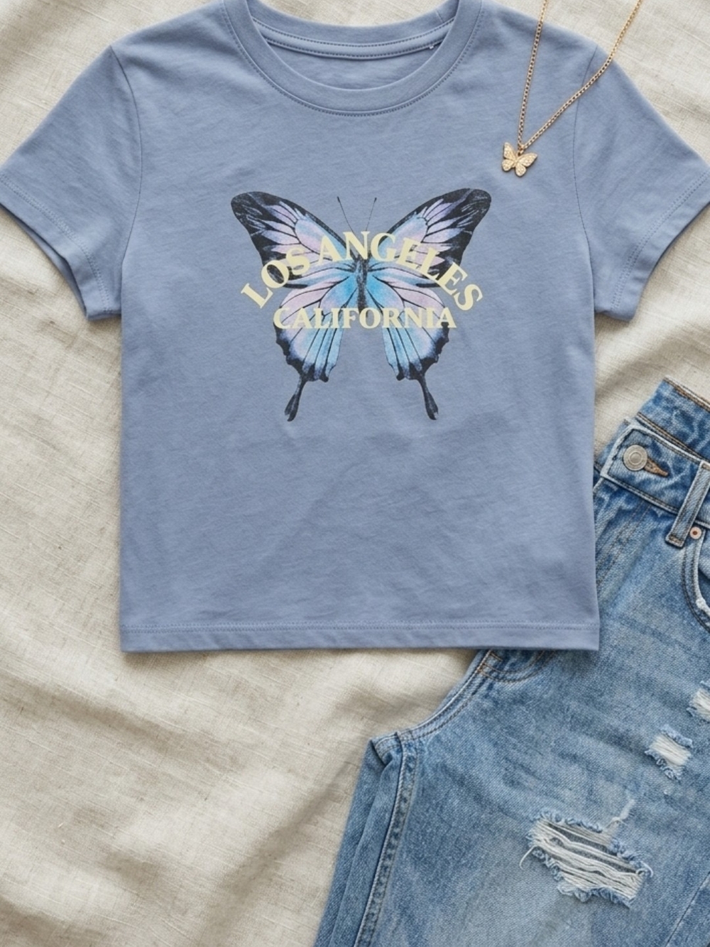 Los Angeles California Butterfly Graphic Tee - Light Blue